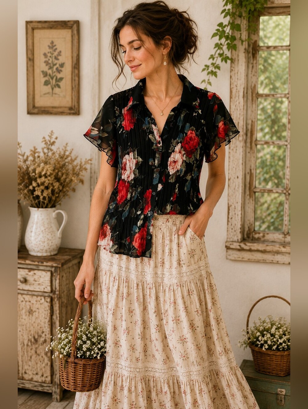 Alison Sheri Black Floral Pleated Button Front Blouse Top Size Large L